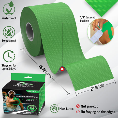 Kinesiology Tape - 16ft Uncut Roll - Flexible and Supportive Athletic Tape for Enhanced Performance - GREEN (1 PACK) Color -  Size