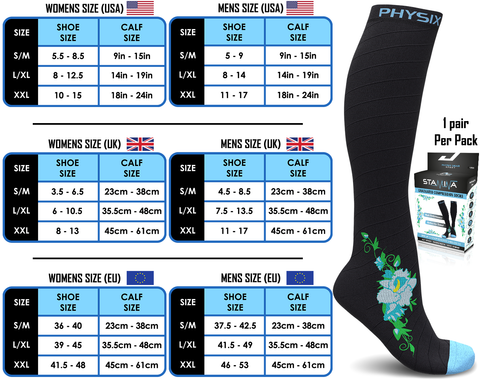 Compression Socks - Stylish and Supportive Legwear for Enhanced Comfort - BLACK / BLUE FLOWER Color - 2XL Size