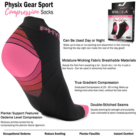 Low Cut Compression Socks - Supportive and Stylish Footwear for Enhanced Comfort - BLACK / PINK Color - S/M Size