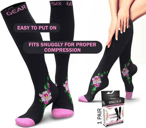 Compression Socks - Stylish and Supportive Legwear for Enhanced Comfort - BLACK / PINK FLOWER Color - 2XL Size