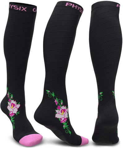Compression Socks - Stylish and Supportive Legwear for Enhanced Comfort - BLACK / PINK FLOWER Color - 2XL Size