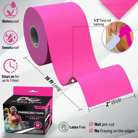 Kinesiology Tape - 16ft Uncut Roll - Flexible and Supportive Athletic Tape for Enhanced Performance - PINK (2 PACK) Color -  Size