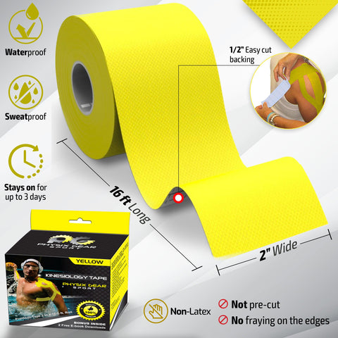 Kinesiology Tape - 16ft Uncut Roll - Flexible and Supportive Athletic Tape for Enhanced Performance - YELLOW (1 PACK) Color -  Size