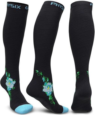 Compression Socks - Stylish and Supportive Legwear for Enhanced Comfort - BLACK / BLUE FLOWER Color - 2XL Size