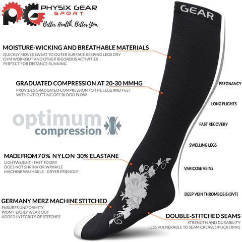 Compression Socks - Stylish and Supportive Legwear for Enhanced Comfort - BLACK / GREY FLOWER Color - 2XL Size