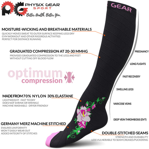 Compression Socks - Stylish and Supportive Legwear for Enhanced Comfort - BLACK / PINK FLOWER Color - 2XL Size